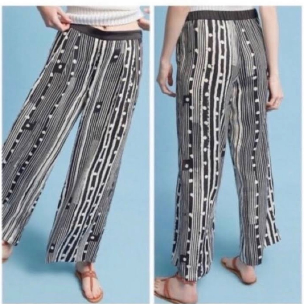 ANTHROPOLOGIE Elevenses Black white striped printed wide leg flowy pants Sz XL